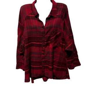 O’Neill Red Plaid Button Up Flannel Shirt with Batwing sleeves, Women's Large